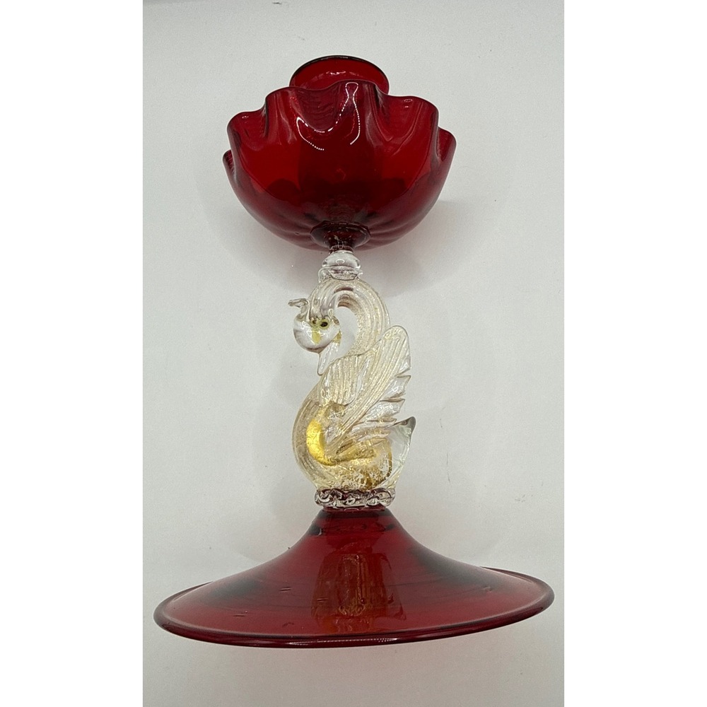 Vintage Murano Red Art Glass Swan Candlestick Holder